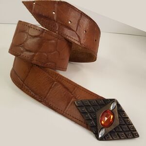 Vintage🍂Brown Boho Croc-Embossed Leather Belt with Ornate Buckle
